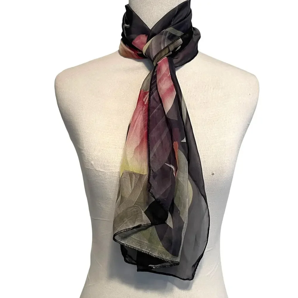 Navy & Pink Tulip Scarf Womens Rectangle Sheer Lightweight Floral 58